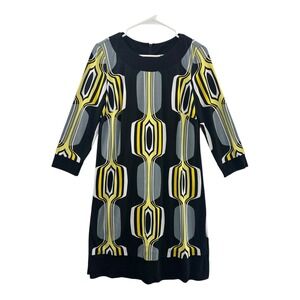 Julian Taylor Women Geometric Print 3/4 Sleeve Zipper Neck Black Yellow Dress